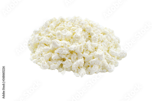 Fresh crumbly cottage cheese isolated on white background. dairy product. heap. Healthy low fat food.