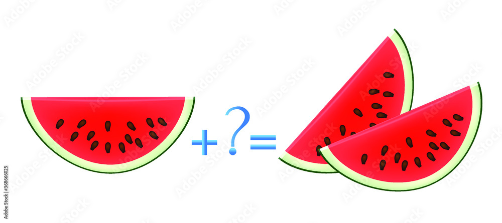 Action relationship of addition, examples with slices of watermelon. Educational game for children. Action relationship of addition, examples with slices of watermelon. Educational game for children.