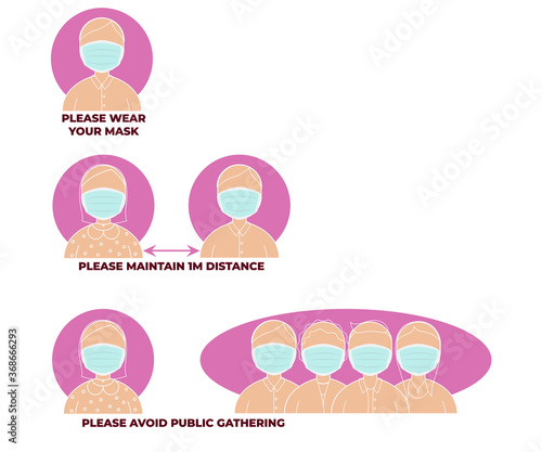 flat icon illustration of safety measures for shopping during deadly corona virus global outbreak, illustration is showing social distancing concept with mask 
