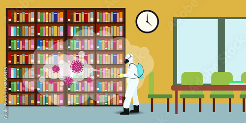 Vector illustration for library disinfectant during lock down, whole world sanitize for deadly covid 19 disease, 
global attack of corona virus-concept background