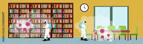 Vector illustration for library disinfectant during lock down, whole world sanitize for deadly covid 19 disease, 
global attack of corona virus-concept background