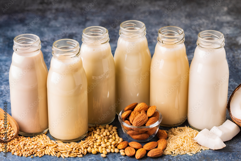 A bottles of alternative milk and ingredient A bottles of alternative milk and ingredient