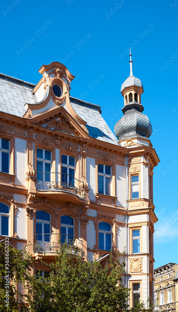 Close up picture of an old tenement house on Grunwaldzki Square in Szczecin, Poland.