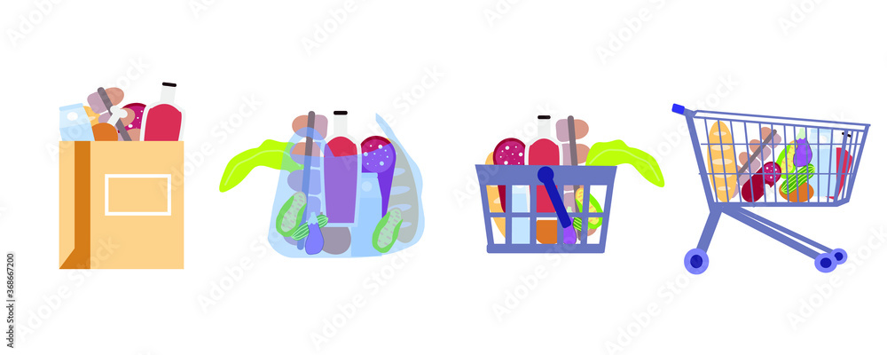 Food from the store in a basket, package and trolley, a vector graphics