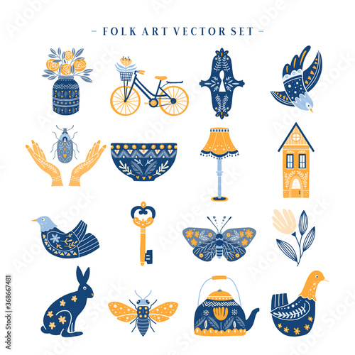Set of Folk art cliparts in Scandinavian and Nordic style