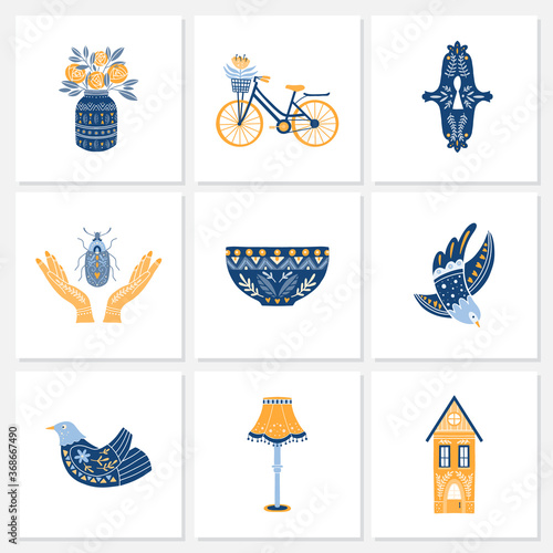 Set of Folk art cliparts in Scandinavian and Nordic style