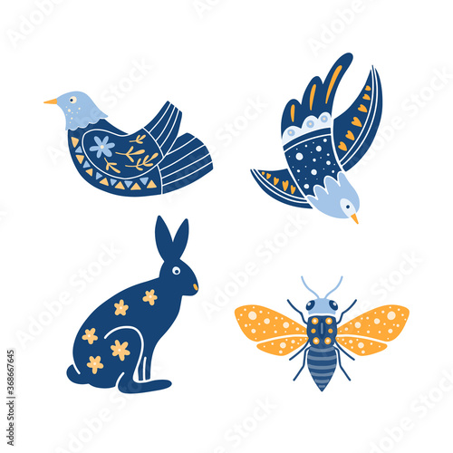 Set of Folk art cliparts in Scandinavian and Nordic style