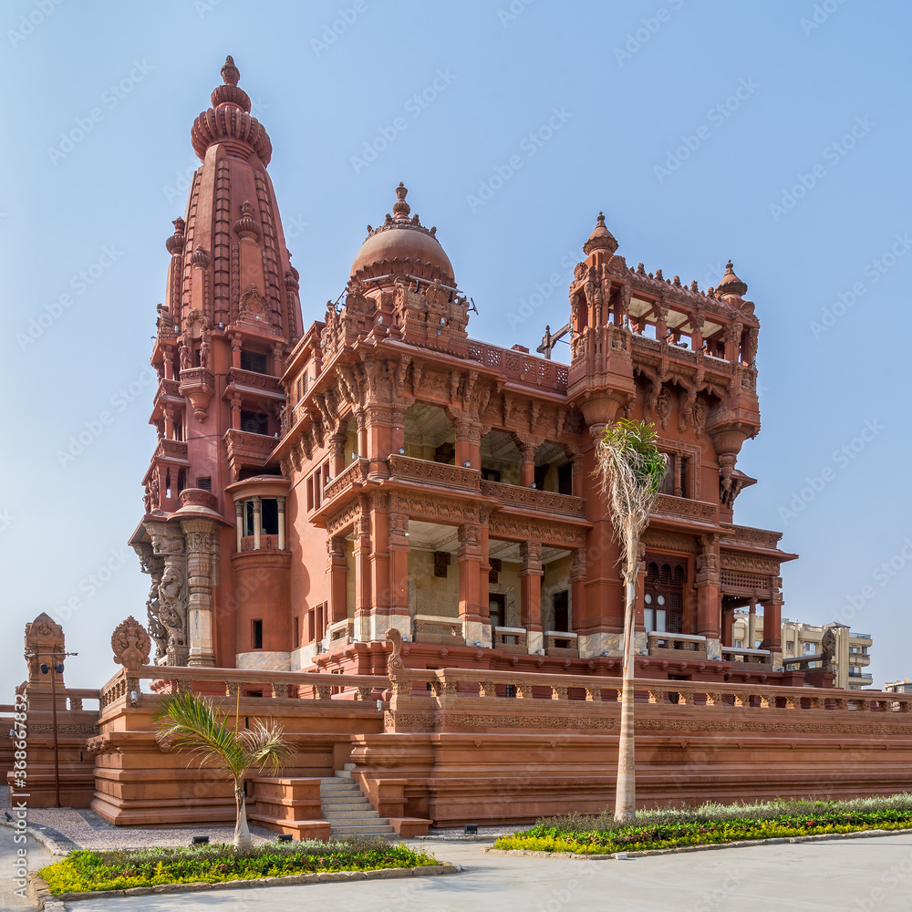 Angle view of rear facade of Baron Empain Palace, a historic mansion inspired by the Cambodian Hindu temple of Angkor Wat, located in Heliopolis district, Cairo, Egypt