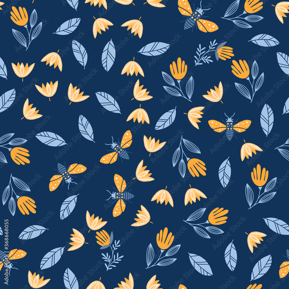 Seamless pattern with butterflies and bees, flowers, insects Seamless pattern with butterflies and bees, flowers, insects