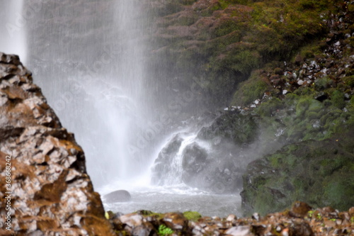 Where the waterfall meets the bottom.