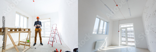 construction of the wooden frame of a roof Fibrerglass insulation installed in the sloping ceiling of a house. Construction of Drywall-Plasterboard Before and after photo