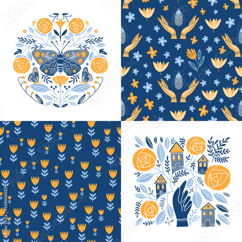 Set of greeting cards and seamless patterns in Scandinavian, Folk art style