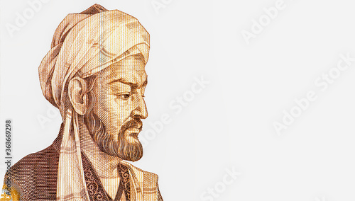 Abu Ali ibn Sina (Avicenna) (980-1037), great scientist, Persian encyclopaedist of the Tajik people. Portrait from Tajikistan 20 Somoni 1999 Banknotes.. photo
