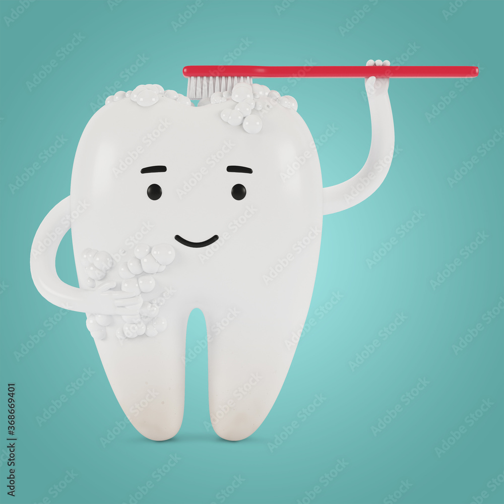 Cartoon character of a tooth with a toothbrush. The concept of dental examination of teeth, dental health and hygiene. 3D illustration. Cartoon character of a tooth with a toothbrush. The concept of dental examination of teeth, dental health and hygiene. 3D illustration.