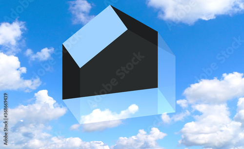 House, in 3D three-dimensional perspective, with transparent elements, shadows and background of sky and clouds photo