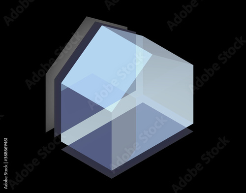 3D house drawn in three-dimensional form, with simple linear, transparent elements. Crystal effect house with shadows and black field background.