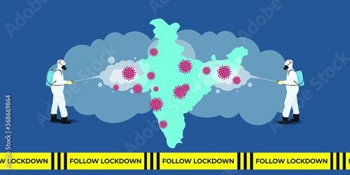 Vector illustration for India disinfectant during lock down, whole India sanitize for deadly covid 19 disease, 
global attack of corona virus