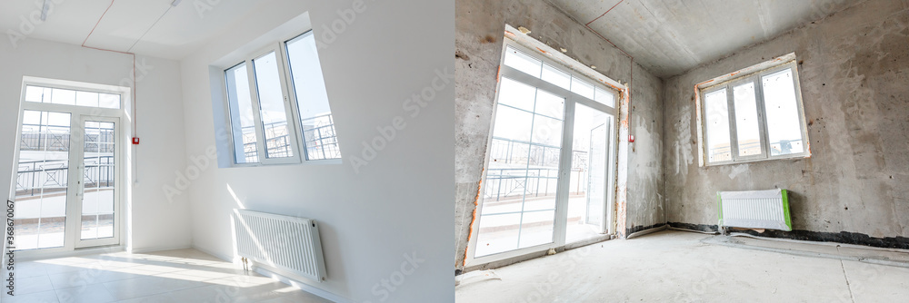 Renovation before and after - empty apartment room, new and old, Renovation before and after - empty apartment room, new and old,