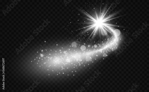 Comet on a transparent background. Bright Star. Starry beautiful path. Shooting star. Comet tail. Meteor flies. Space object.