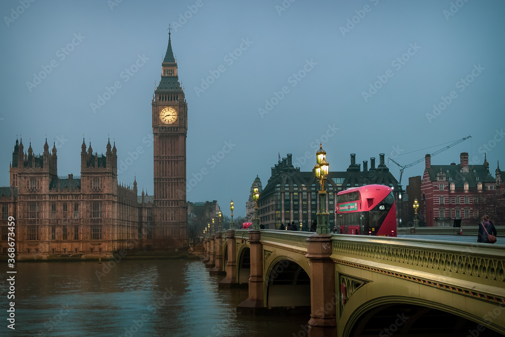 Morning Hour View of Westminster, Big Ben and Bridge in London, UK