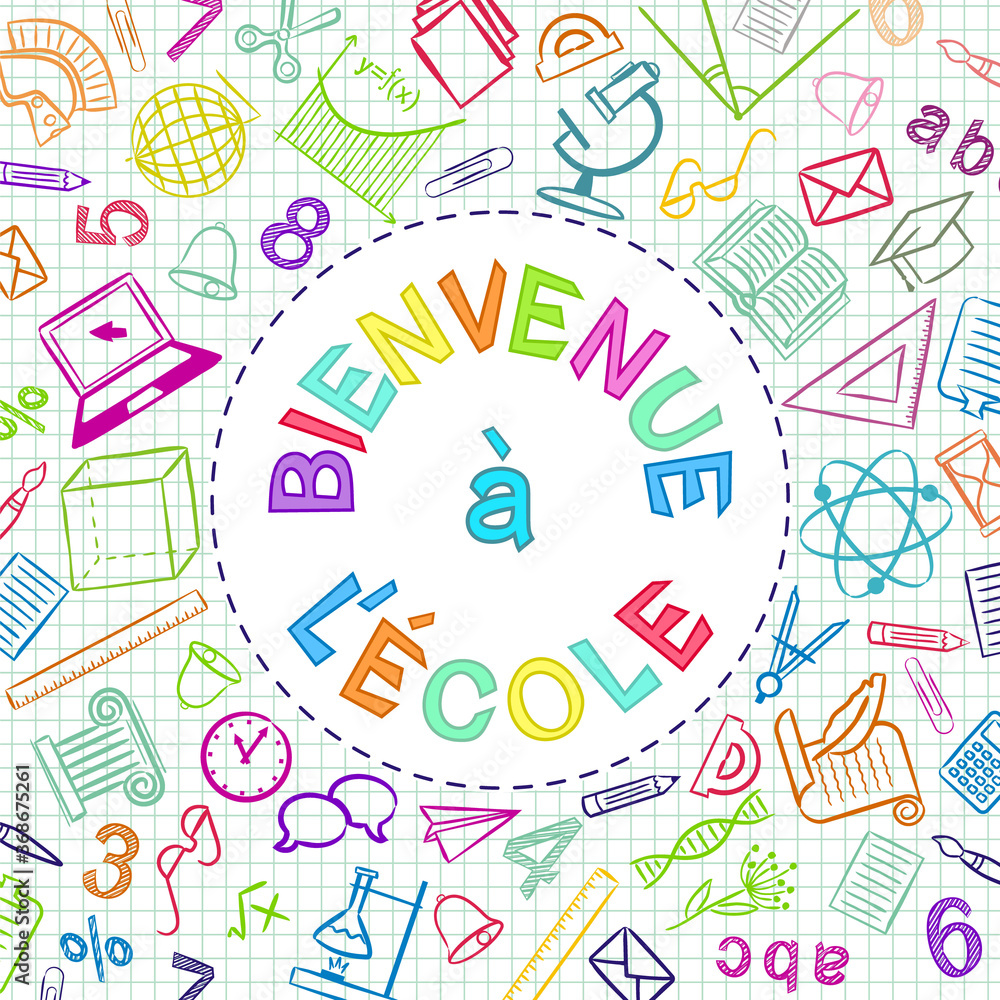French Back to School color text written in round frame. Blank for school banner, presentation, template. Education vector illustration. Multicolored Doodle school icons. Translation: Back to School French Back to School color text written in round frame. Blank for school banner, presentation, template. Education vector illustration. Multicolored Doodle school icons. Translation: Back to School