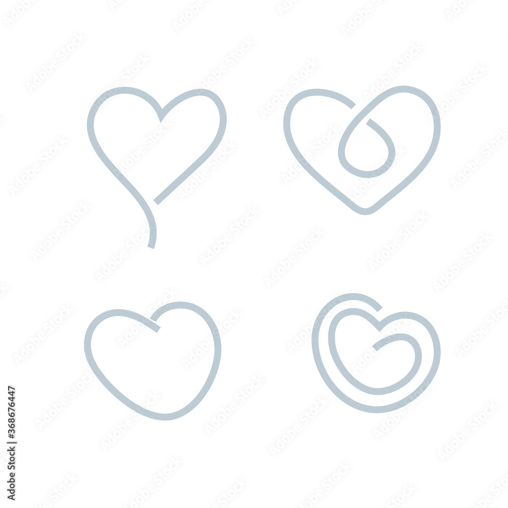 Heart thin line logo icons set isolated on white background. Creative collection of different continuous line hearts for web site wedding day love logotype Valentine's day cardio symbol.