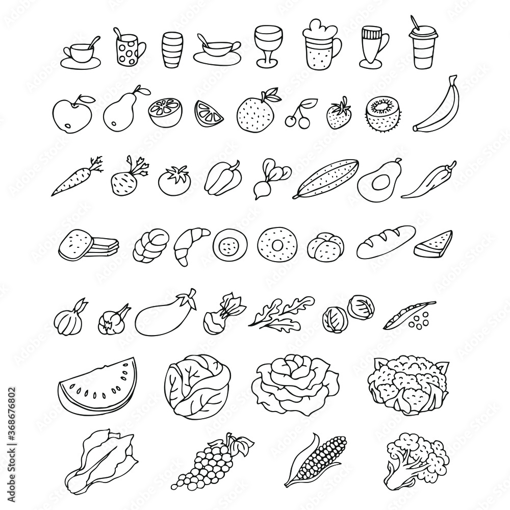 Set of graphic elements. Hand drawn food icons isolated on white background.
