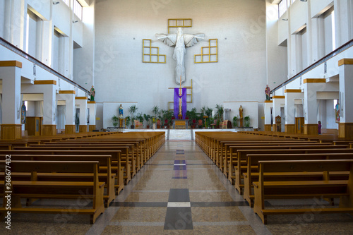 interror of empty church with empty seats pews lithuania klaipeda saint joseph worker