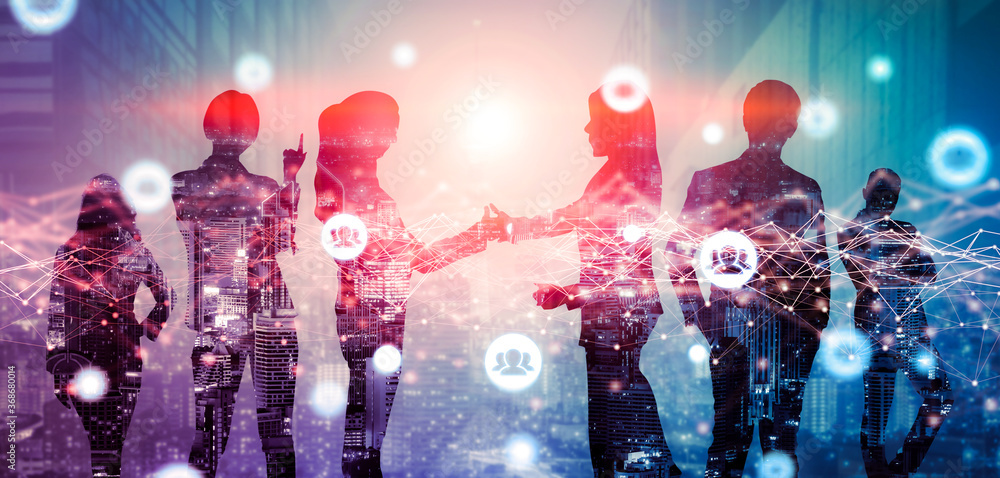 Φωτογραφία Creative image of many business people conference group meeting on city office building background showing partnership success of business deal