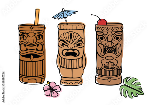 Tiki cocktail set, party hawaii drinks. Isolated hand drawn vector illustration.