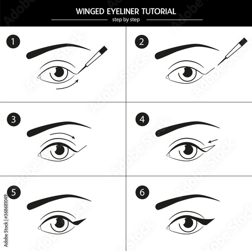 Step-by-step instruction on how to use and apply eyeliner. Vector eyes icons. Winged eyeliner manual