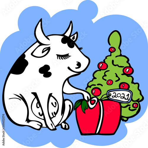 Cute cow packing Christmas presents  New Year 2021 symbol cow  vector design element for greeting cards and illustrations