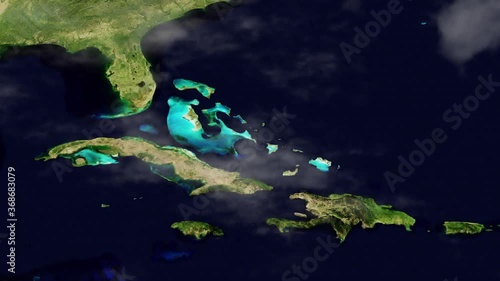 Caribbean Map Hyperlapse in 3D CGI with High Relief Mountains & Foggy Atmosphere photo