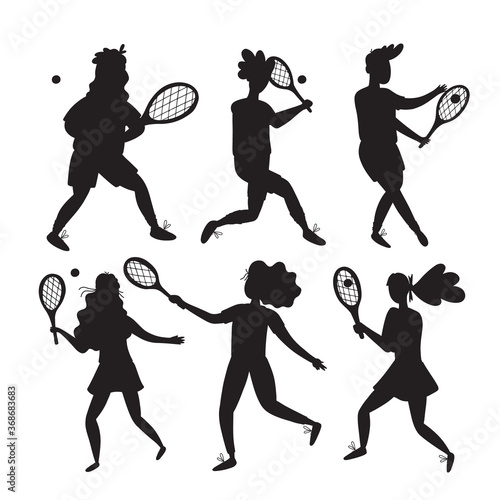 Set of men and women silhouettes playing tennis.