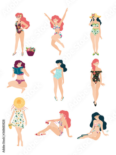 Tropical Summer beach illustration with happy young girls