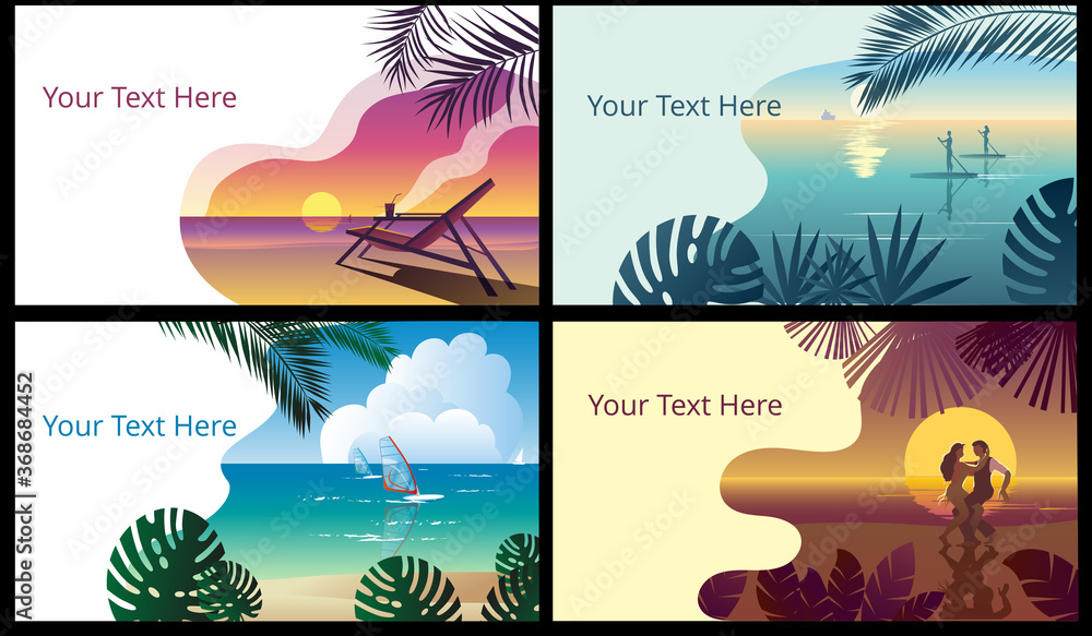 Tropical landscape with a sunset on the sea and a sun chair. Template for a horizontal banner.