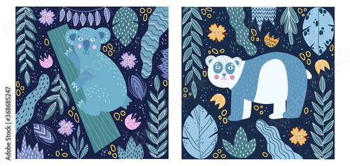 Canvas Print Set of posters with cute wild animals on a floral background