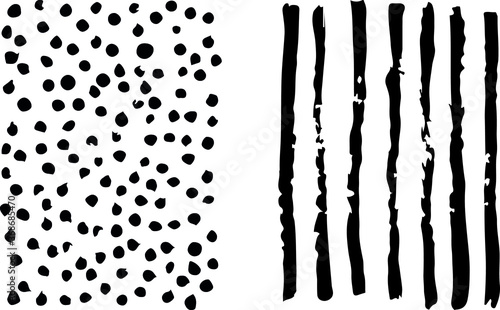 Dots, lines, irregular shapes. Set of two, black texture, mark making, from paint brush, transparent background.  For overlay, montage or brushes. Abstract vector illustration. Easy to recolor. photo