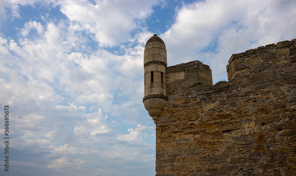 Towers of the Yenikale fortress against the sky. Castle, fortress, landscape.Space for text.