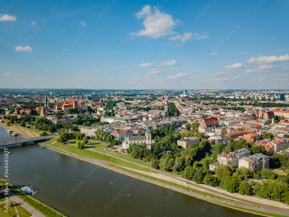 Beautiful Krakow in the sun. The Vistula and the Wawel Castle