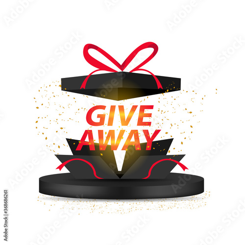 Beautiful giveaway gift box with text design banner isolated on white background