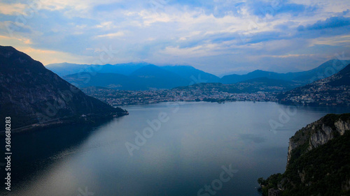 Aerial view over the Lake Lugano in Switzerland - evening view - drone footage © 4kclips
