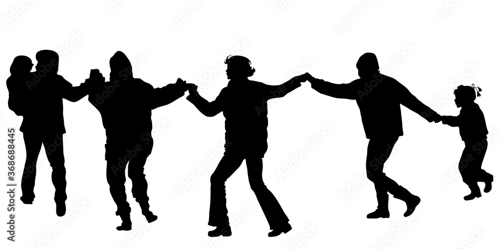 Vector silhouettes of a group of people of different ages, children and adults hold hands, go one after another. Cold season, women in warm clothes. Black isolated on white background