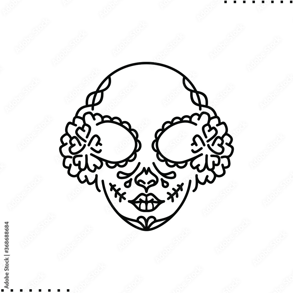 Day of Dead, Dia de los Muertos fiesta, skeleton in Mexican costume, marigold flowers and calavera skull vector icon in outlines Day of Dead, Dia de los Muertos fiesta, skeleton in Mexican costume, marigold flowers and calavera skull vector icon in outlines