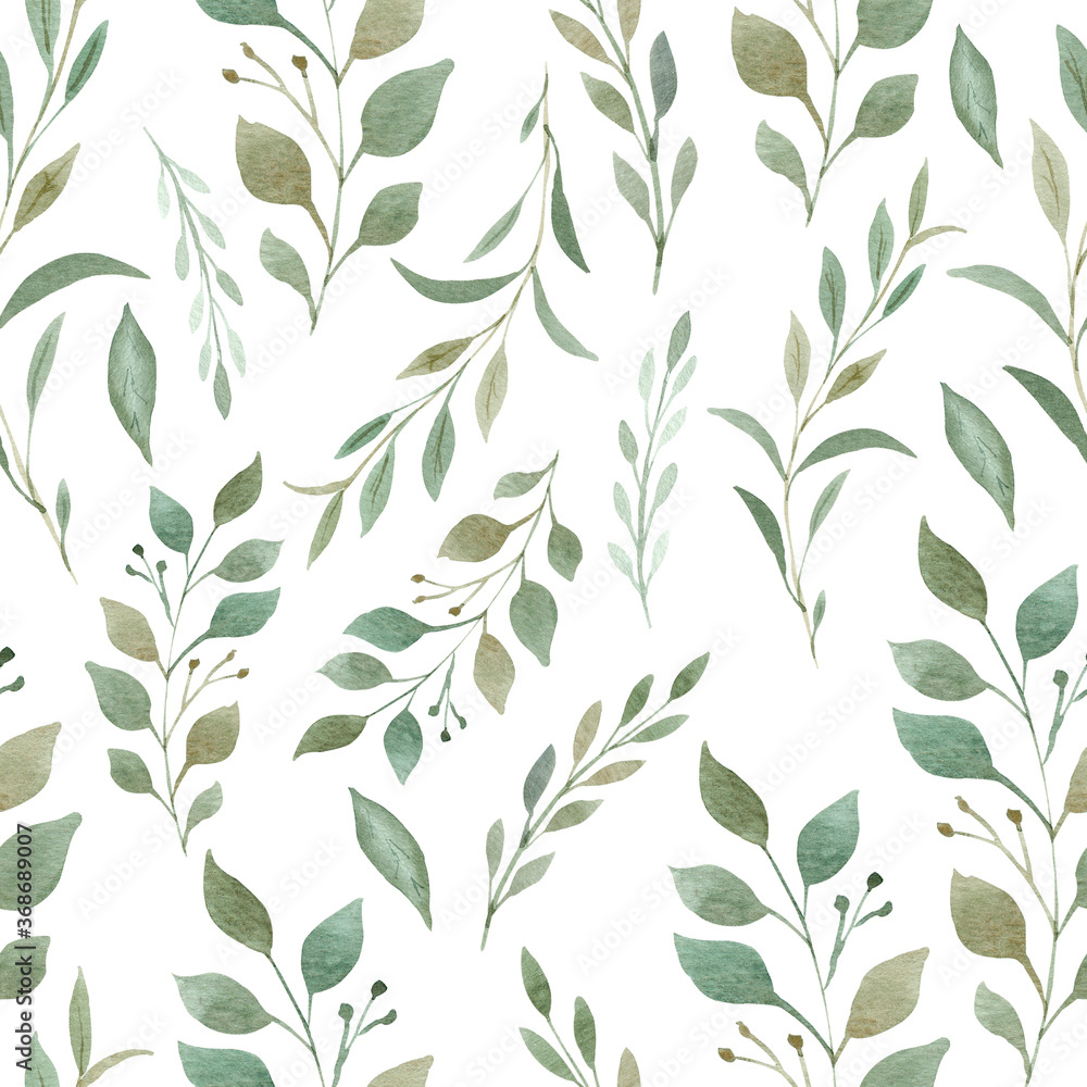 Greenery seamless pattern. Hand painted branches and leaves digital paper.