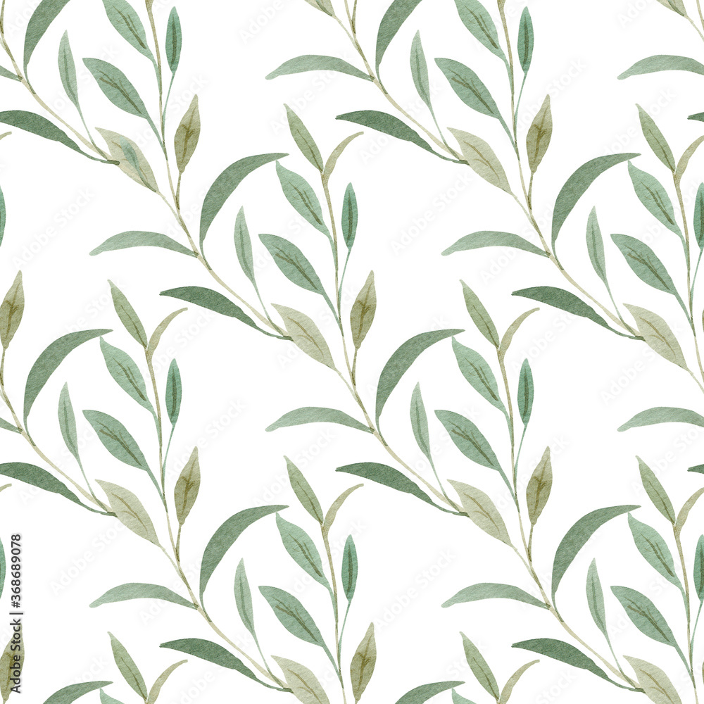 Greenery watercolor seamless pattern isolated on white background. Botanical illustration.