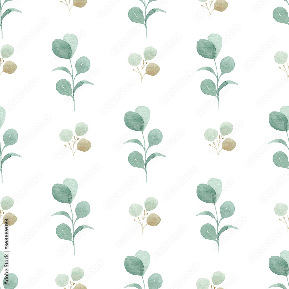 Eucalyptus watercolor digital paper. Greenery seamless pattern.