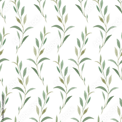 Fototapeta Naklejka Na Ścianę i Meble -  Greenery watercolor seamless pattern. Green leaves and branches digital paper.