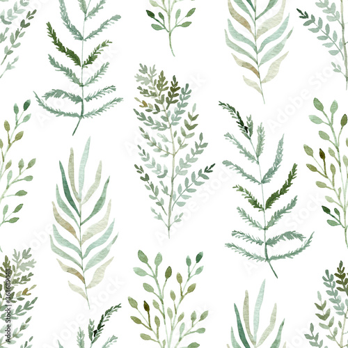 Watercolor greenery seamless pattern on white background. Hand drawn illustration.