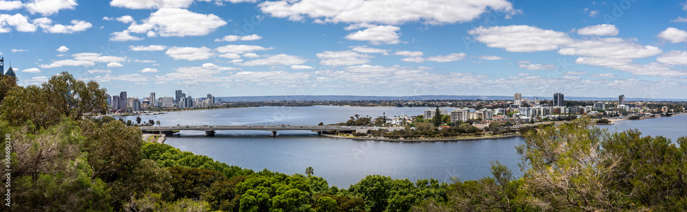 Panorama of the Swan River  and Perth Central Business District from Kings Park, Perth, Australia on 25 October 2019